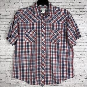 Wrangler Wrancher Western Short Sleeve Plaid Pearl Snap Button Up Men’s XL Red